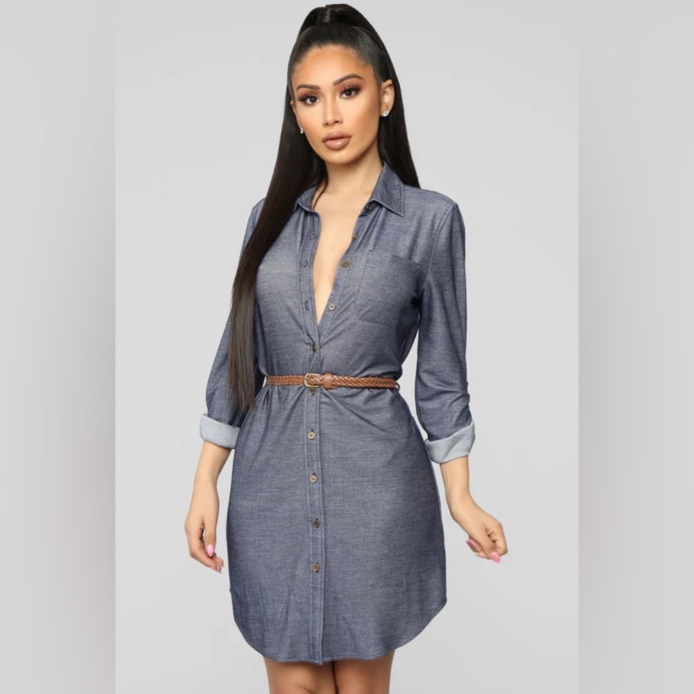 Fashion Nova Blue Denim 3/4 Sleeve Button Front Belted Shirt Dress